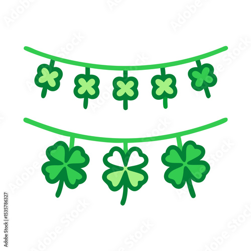 Two strings of festive four leaf clover shamrocks for Saint Patrick's Day colorful vector icon