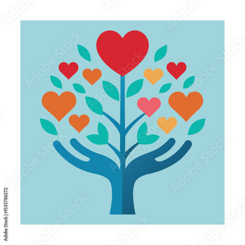 Heart Tree Growing from Hands with Love Icons