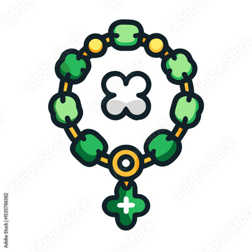Green and Yellow Rosary with a cloverleaf cross, religious icon colorful vector icon