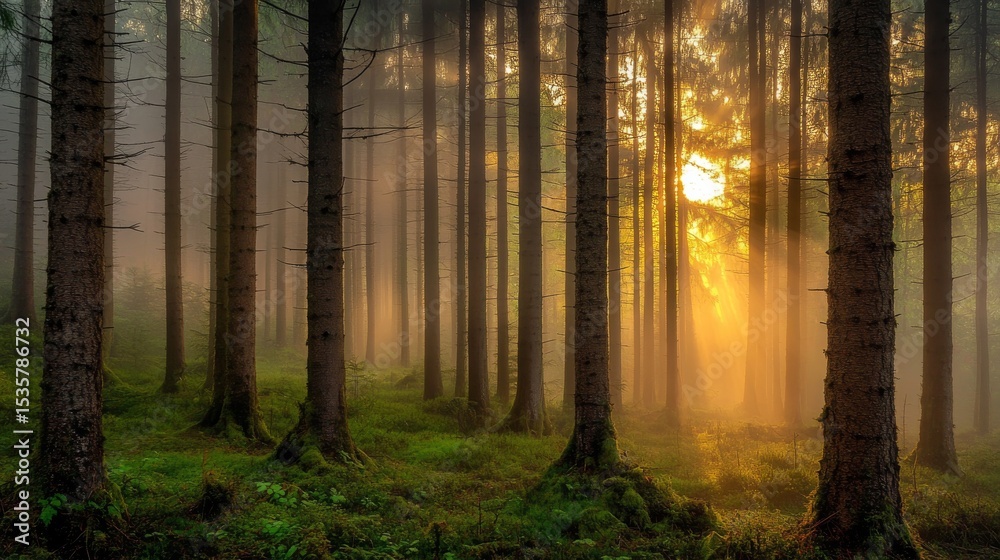 Obraz premium Misty forest with tall fir trees. Foggy mountain forest at sunrise. 