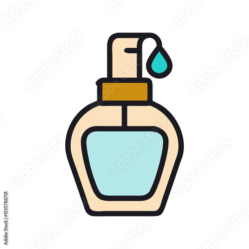 Cute hand drawn style soap dispenser bottle with liquid droplet icon colorful vector icon