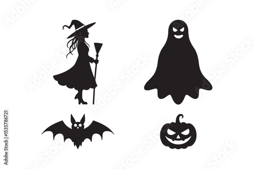 Scary Halloween Witch Ghost Bat Pumpkin Silhouette Clipart Vector Design