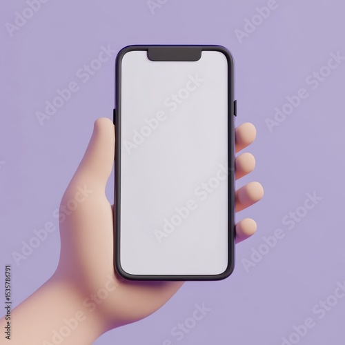 3D cartoon render of a hand holding a smartphone with a blank white screen, against a purple background