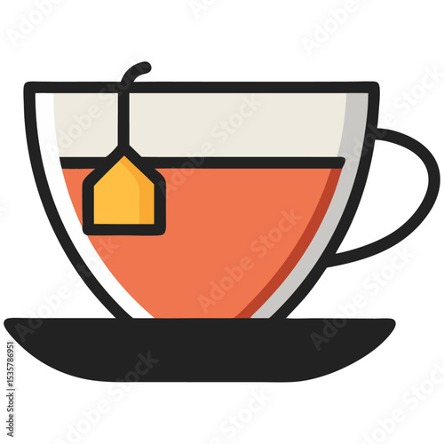 Minimalist vector illustration of tea cup with tea bag in hot brew, perfect for café menus, wellness branding, beverage packaging