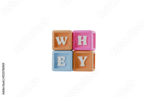 alphabet building block cubes spelling the word whey, transparent background