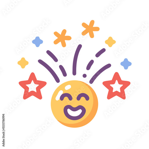 Joyful Celebration Emoji with Bursting Fireworks and Scattered Stars Cartoon colorful vector icon