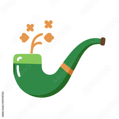 Vintage Green Shamrock Smoking Pipe with Luck Charms Illustration for St Patrick's colorful vector icon