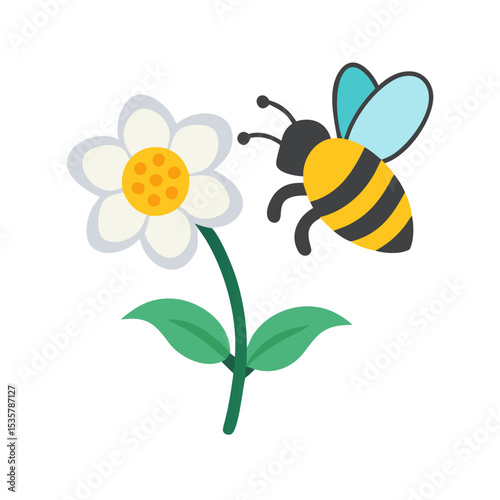 Bee Flying Towards a Daisy Cartoon Style Flat Vector Illustration Design colorful vector icon