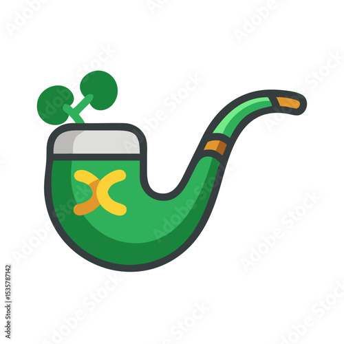 Cartoon rendering of a St Patricks day pipe with shamrocks colorful vector icon