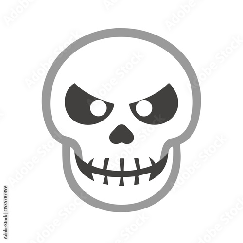 Creepy smiling skull icon with gray outline and black sinister features colorful vector icon
