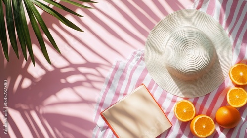 Summer scene: Hat, oranges, and a book on a striped towel, all on a pink background with palm tree shadows. Enjoy a relaxing beach day!

