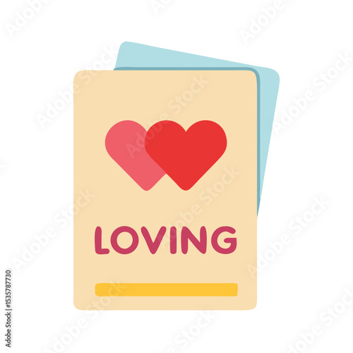 Cute Valentine's Day card with two hearts and the word loving colorful vector icon
