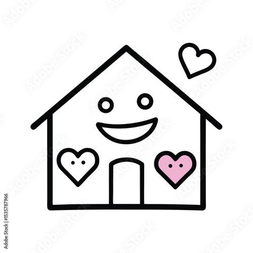 Heart-Filled House Outline with Doodles and Smiles