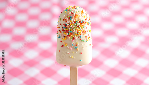 a, white, chocolate, popsicle, with, colorful, rainbow, sprinkles, food, new, macro, on, pink, checkered, of, background, cloth, dessert, sweet, food, summer, retro, style, candy, birthday, cake, y2k
