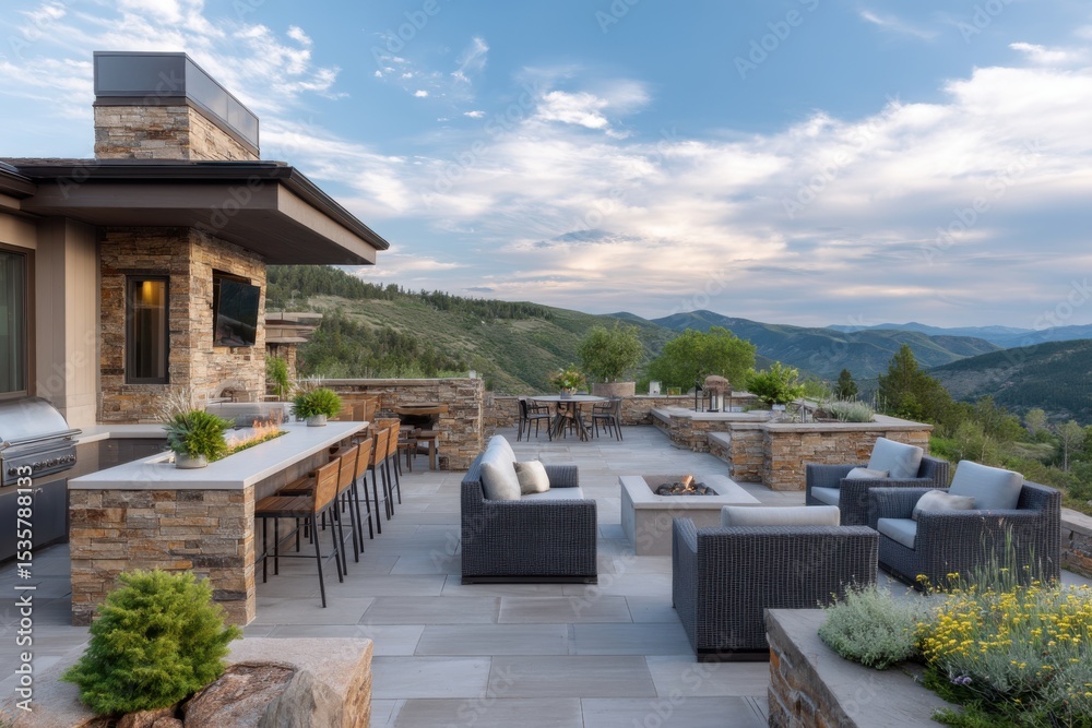 Fototapeta premium Luxury patio with mountain view on white background