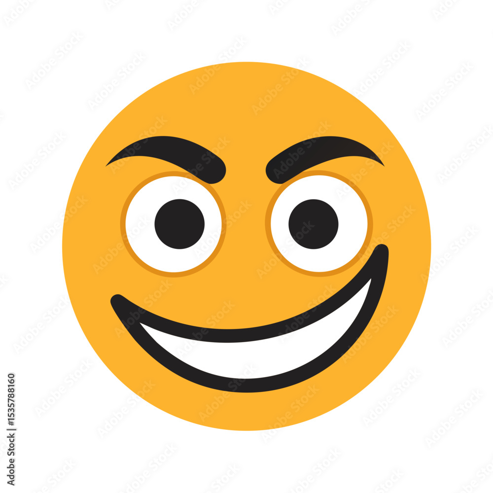 Fototapeta premium A bright yellow cartoon face with a mischievous grin and arched eyebrows colorful vector icon