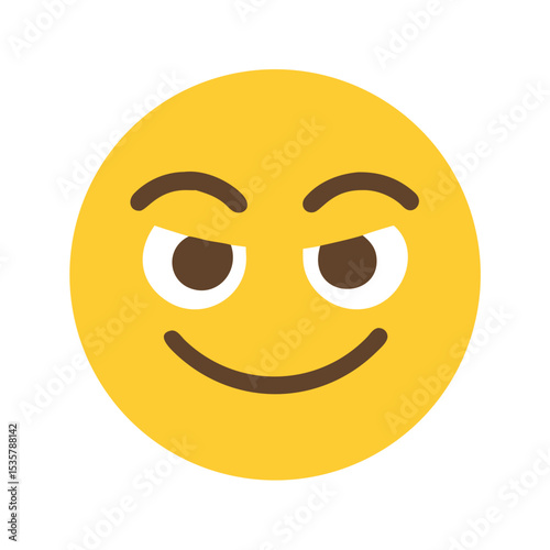 Intriguing yellow smiley face with a slightly raised eyebrow conveying suspicion colorful vector icon