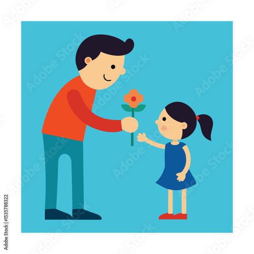 Little Girl Giving Flower to Father Joyfully