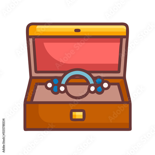 Open vintage jewelry box containing a beaded necklace on a transparent background colorful vector icon