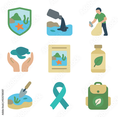 Tidal Pool Icon Set. Flat icon set of tidal pool conservation: protected area sign, pollution icon, trash