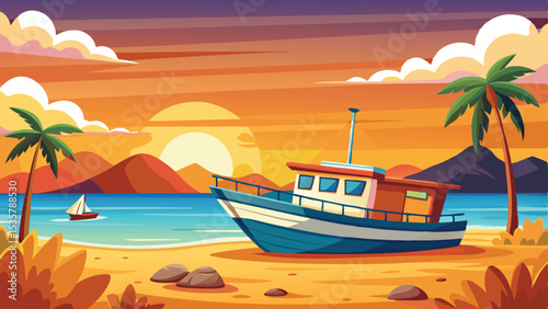 Colorful Cartoon Beach Scene Fishing Boat on Sand at Sunset with Palm Trees