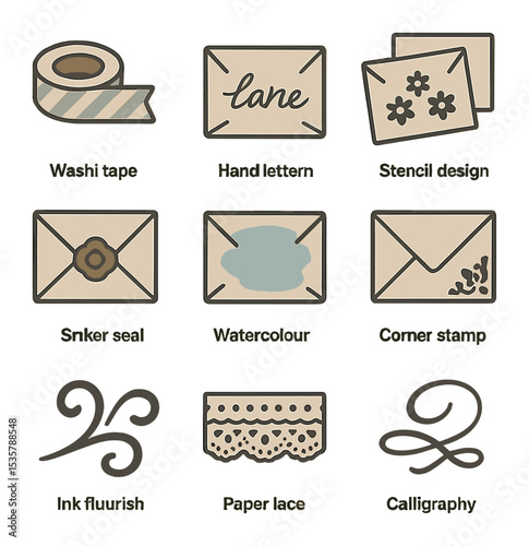 DIY Envelope Decor Icons. Flat icon set of DIY envelope decorating: washi tape, hand lettering, stencil design