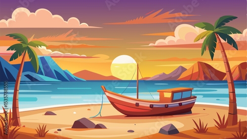 Cartoon Boat on Beach at Sunset with Palm Trees and Distant Mountains