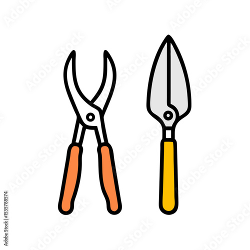 Colorful vector illustration of gardening pruners and a transplanting trowel colorful vector icon