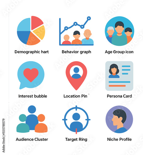 Audience and Engagement Icons. Flat icon set of audience segmentation: demographic chart, behavior graph, age