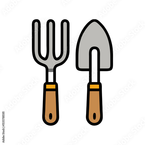 Illustration of garden fork and trowel, essential gardening hand tools colorful vector icon