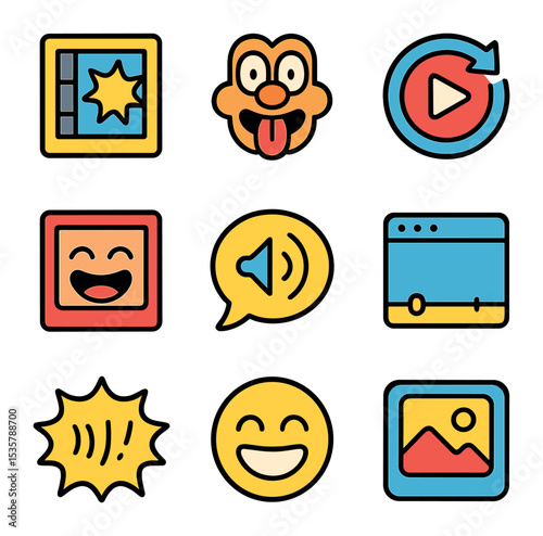 Humorous Social Media Icons. Flat icon set of social media humor: LOL comment, funny sticker, share icon,