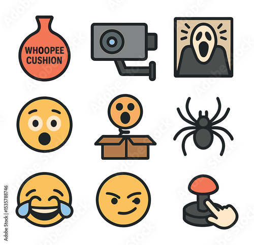 Prank Culture Icons. Flat icon set of prank culture: whoopee cushion, hidden camera, jump scare icon, shocked
