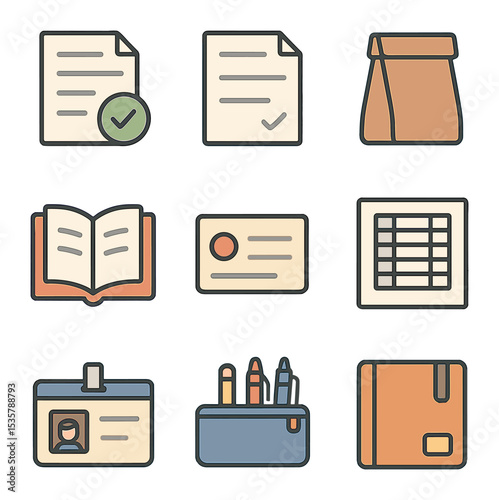 School Supplies Icons. Flat icon set of school checklist items: homework sheet, permission slip, lunch bag,