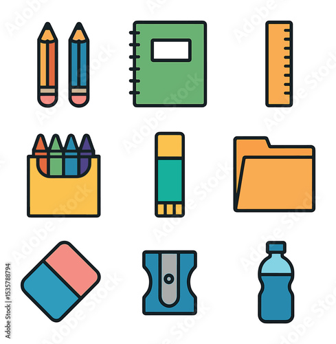 School Supplies Icons. Flat icon set of packing school supplies: pencils, notebooks, ruler, crayons, glue