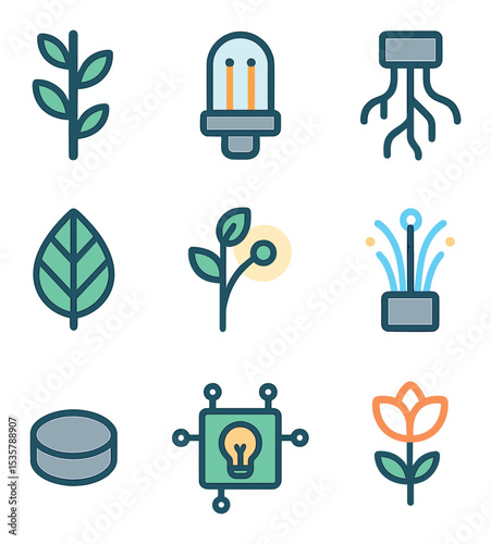 Futuristic Plant Icons. Flat icon set of artificial plant parts: synthetic stem, LED filament, plastic root,