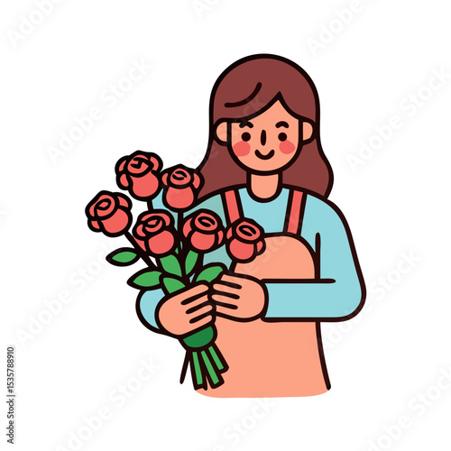 Cartoon girl holding a bouquet of roses with a cheerful expression colorful vector icon