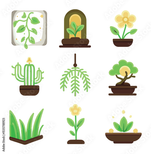 Glowing Plant Decor Icons. Flat icon set of glowing home decor: wall-mounted glowing vine, bedside light plant