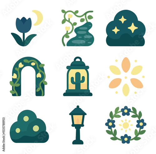 Night Garden Icon Set. Flat icon set of night garden concepts: moonlit tulip, path glow vine, starry shrub,