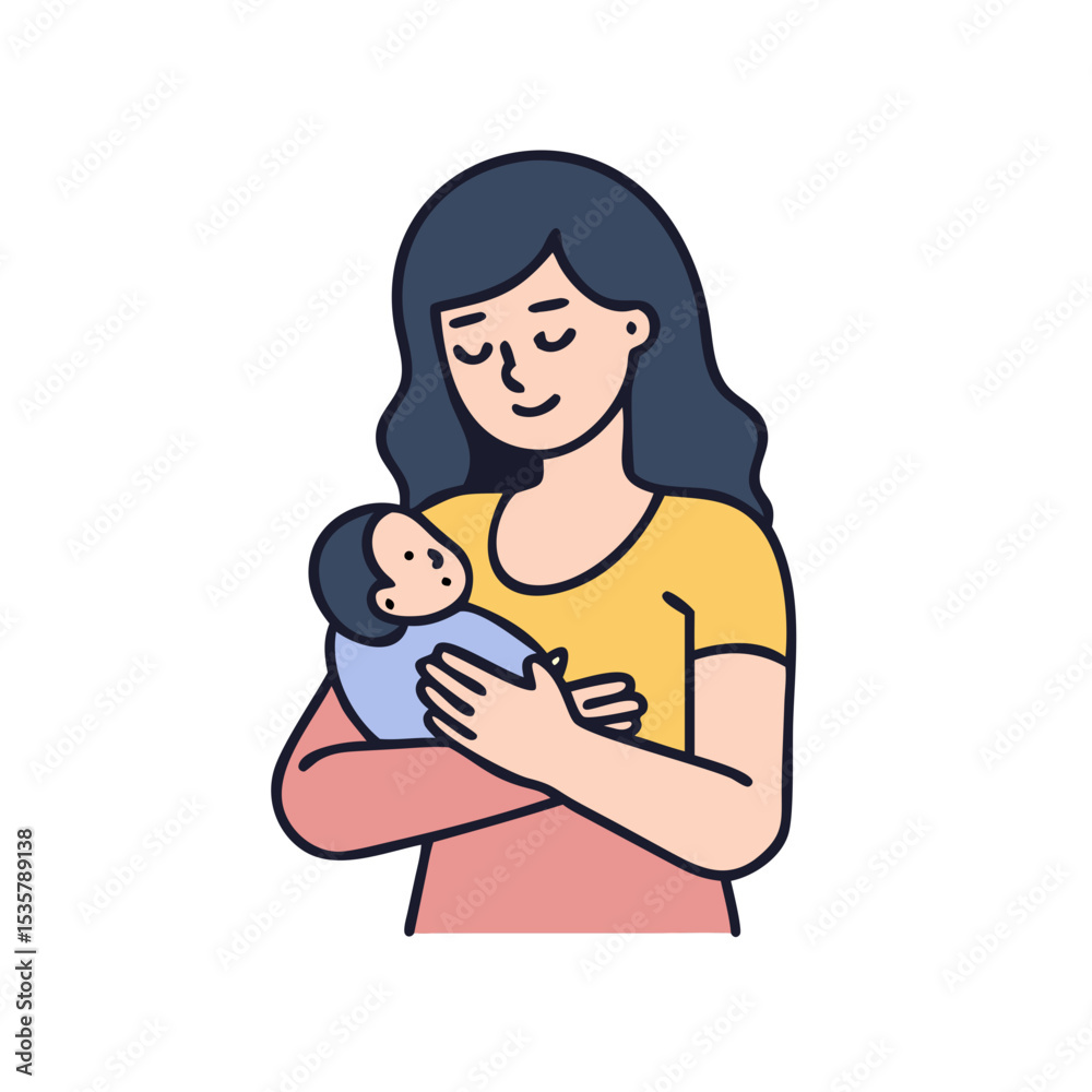 Stylized illustration of a mother holding her newborn baby with love colorful vector icon Stylized illustration of a mother holding her newborn baby with love colorful vector icon