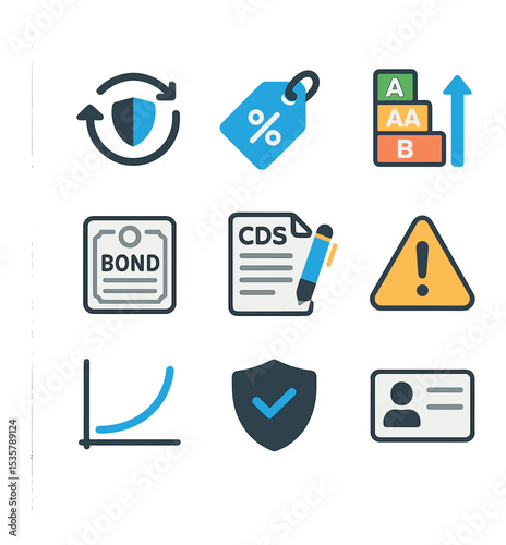 Credit Derivatives Icons. Flat icon set of credit derivatives: credit default swap, risk premium tag, credit
