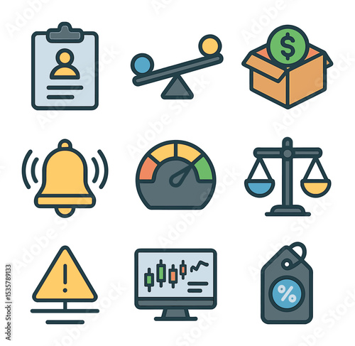 Exotic Derivatives Icons. Flat icon set of exotic derivatives: barrier option gate, Asian option chart,
