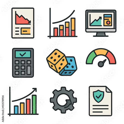 Financial Tools Icons. Flat icon set of margin and leverage: margin account, leverage bar, collateral box,