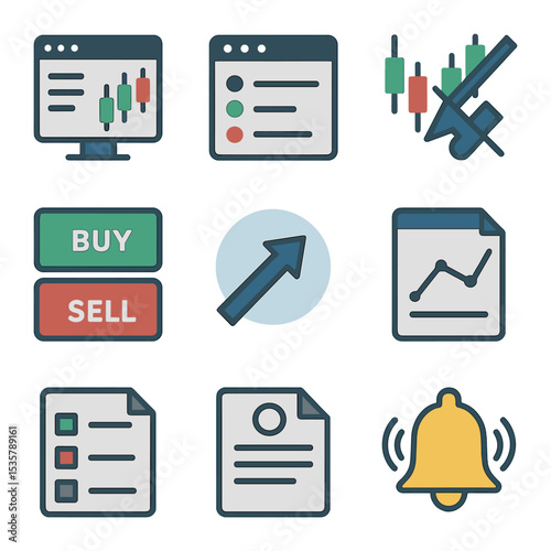 Risk Management Icons. Flat icon set of risk management tools: VAR report, exposure graph, financial modeling