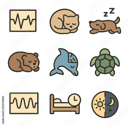 Animal Sleep Icons. Flat icon set of animal sleep: sleeping fox, curled cat, dozing dog, owl with closed eyes,