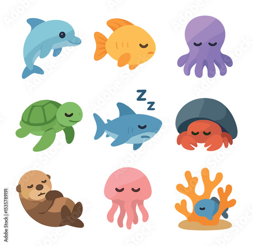 Adorable Sleeping Baby Animals. Flat icon set of baby animals sleeping: puppy with blanket, kitten in basket,