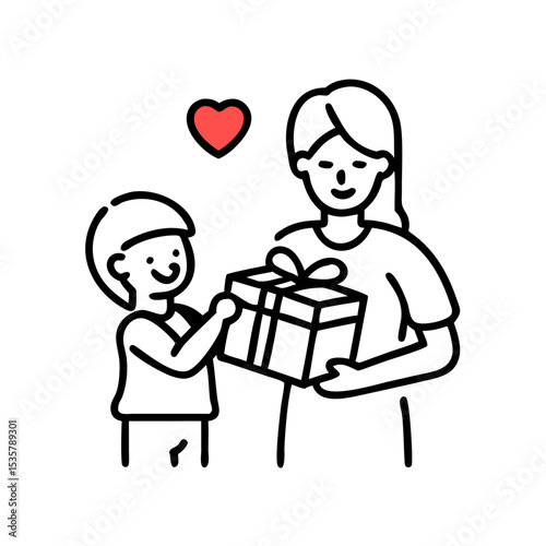 A loving gesture from a child to their mother with a gift colorful vector icon