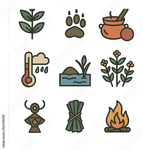 Native Dance Icon Set. Flat icon set of native dance and performance: drum circle, feathered dancer,