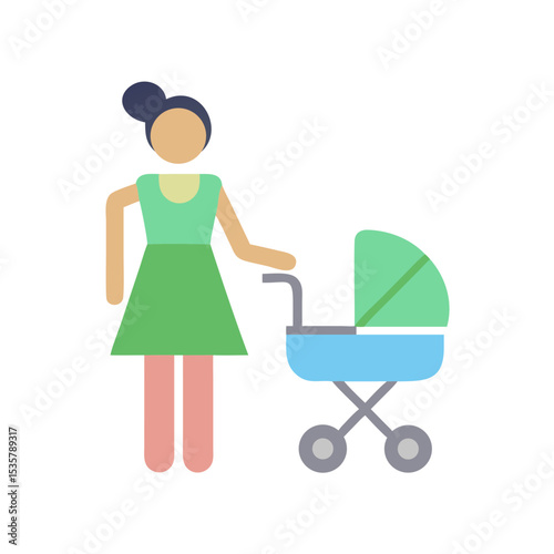 Stylized Illustration of a Woman with a Baby Stroller in Simple Colors colorful vector icon