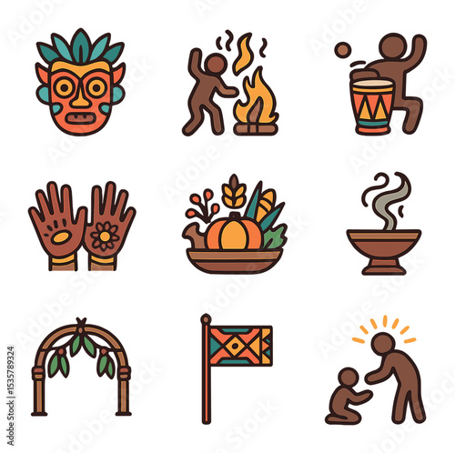 Sacred Sites Icon Set. Flat icon set of sacred sites and monuments: ancient temple, sacred rock, stone circle,