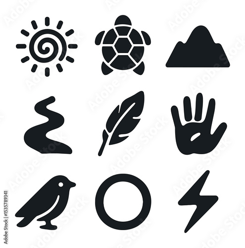Indigenous Nature Icons. Flat icon set of indigenous nature knowledge: medicinal plant, animal track, natural